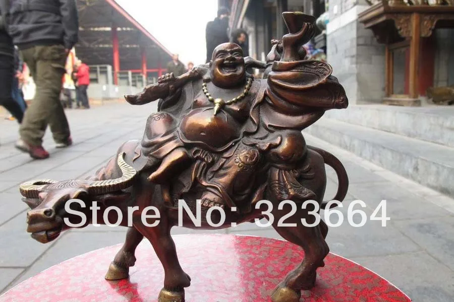 

Chinese Folk Carved Red Bronze Maitreya Buddha Ride On Bull statue