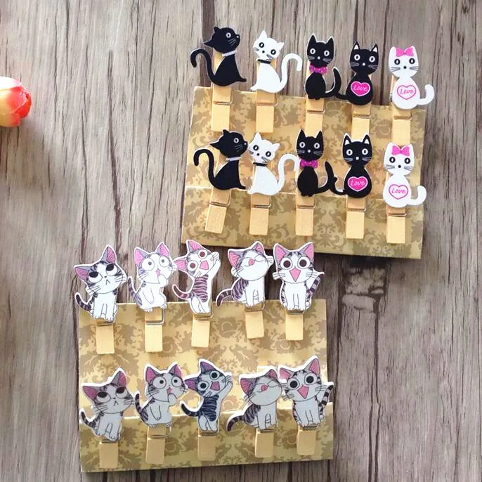 10 пакетов/серия Kawaii Cat Дизайн Деревянные клипы с веревкой Еда клип приятный дерево зажим для сумка студентов DIY инструменты Office школьные