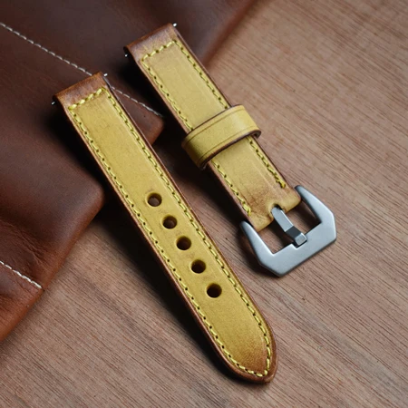 Vintage Watch Straps Leather Stainless Steel Buckle Watch Strap Belts Wistband Bracelet for Panerai 20mm 22mm 24mm Yellow