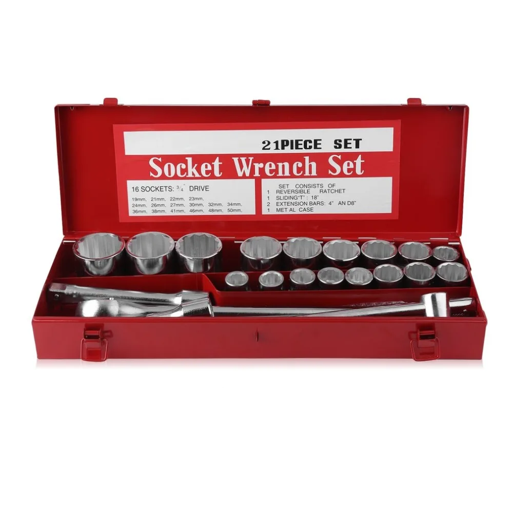 

21PCS Heavy Duty Metric 3/4 Inch Socket Tool Bit Set Drive Wrench Reversible Ratchet Sliding T-handle With Metal Case