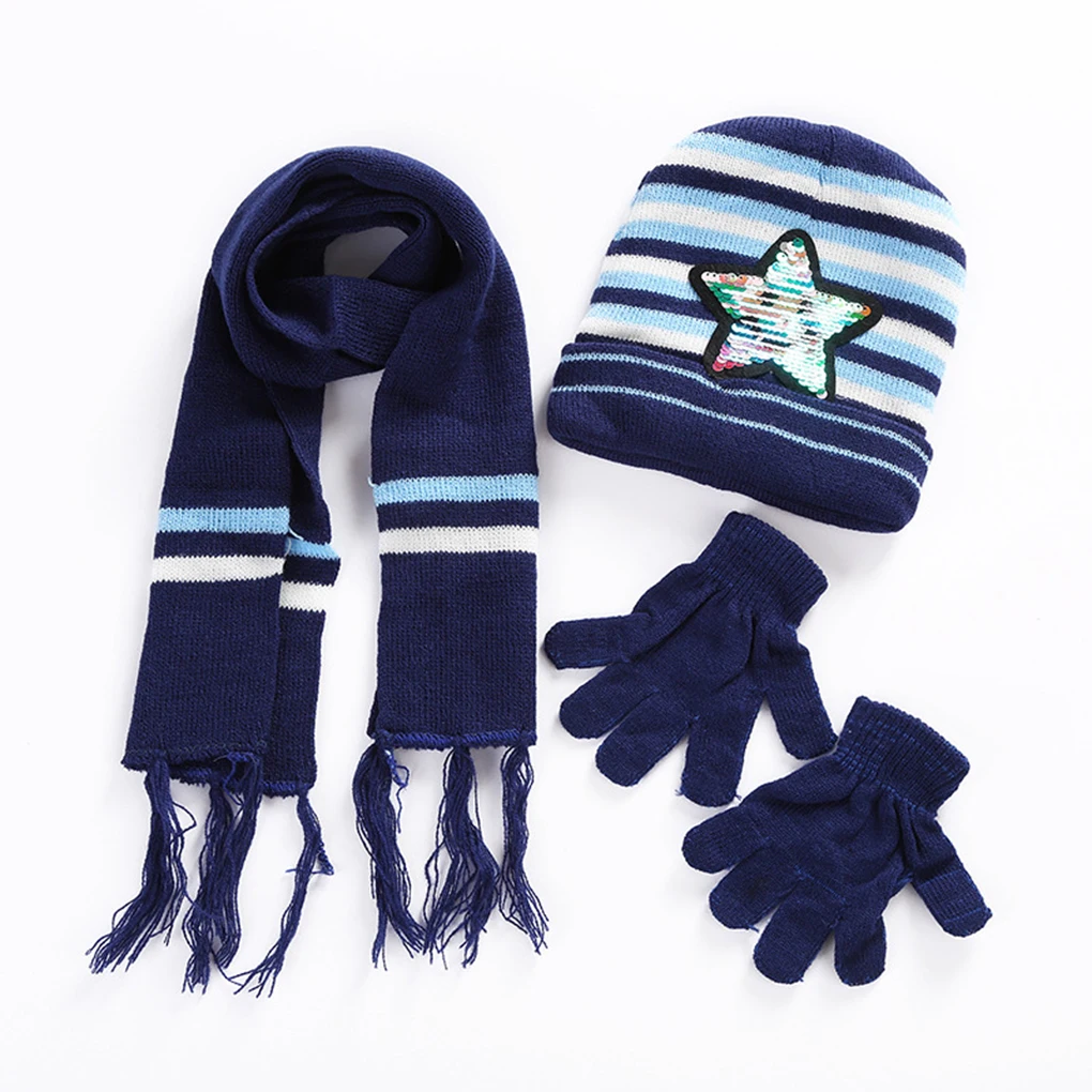 Детский шарф, перчатки, набор шапочек-бини, детская зимняя Лыжная Шапка Кепка в полоску со звездами и блестками, Осень-зима