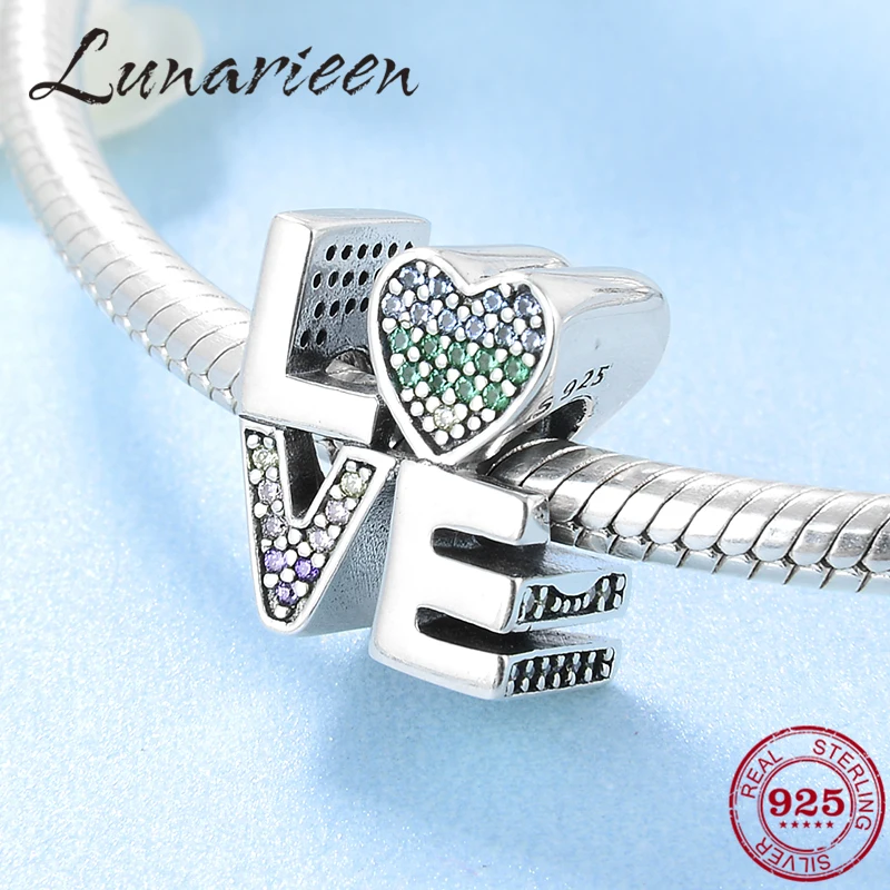 

New exaggerate letter LOVE 925 Sterling Silver colorful CZ fine beads Fit Original Pandora Charms Bracelets making
