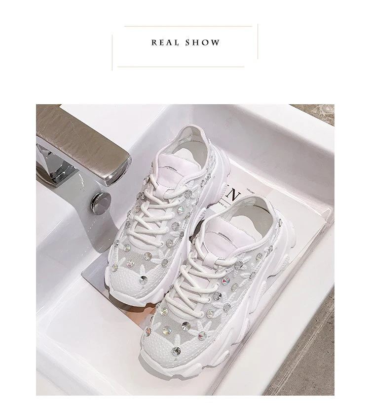 Обувь с кристаллами; женские кроссовки на платформе; zapatos de mujer Bilng; сезон весна; chaussures femme; женские белые кроссовки со стразами