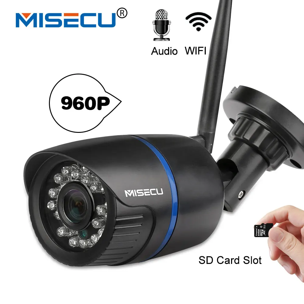 

MISECU wide angle 2.8mm WiFi IP Camera Audio Record 960P HD Network 1.3MP SD card and Waterproof Nignt Vision Power Adapter