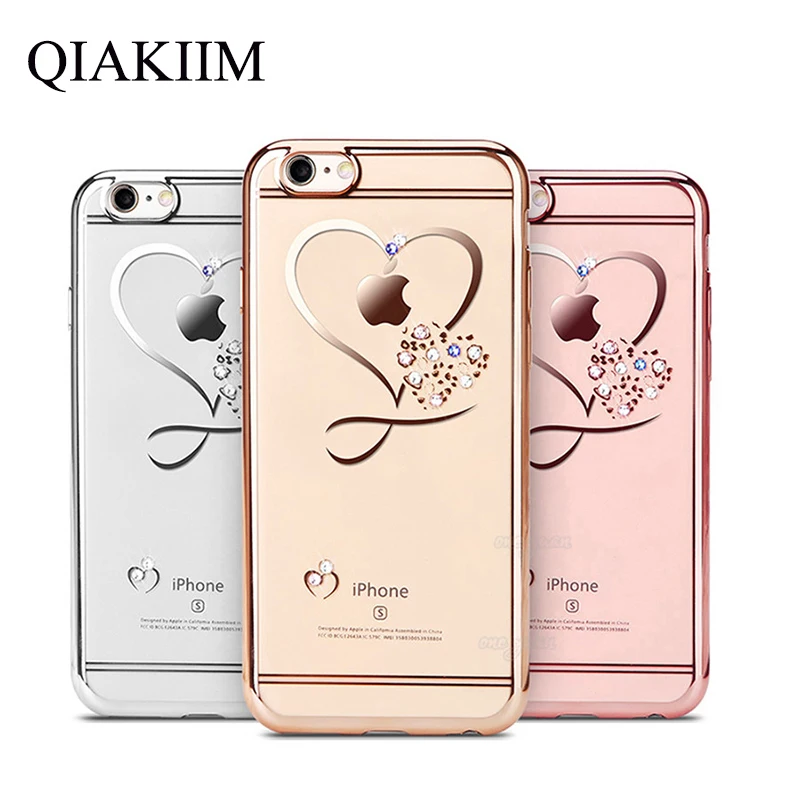 

Luxury Bling Diamond Love Heart Phone Cases For iPhone X 8 7 6 6S Plus Case Slim Flash Plating Clear Soft TPU Silicon Back Cover