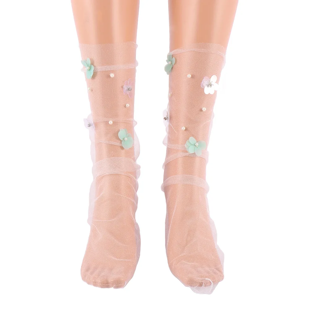 Женская Ручная работа с пайетками, цветы, носки Лолита, женские прозрачные сетчатые цветочные жемчужные носки, марлевые носки, женские