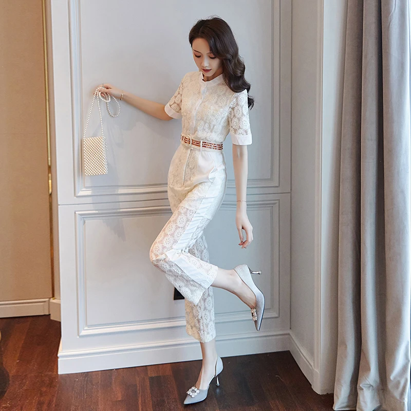 

Lace Rompers Womens Jumpsuit Sashes Overalls Female Summer Trendy Combinaison Femme Pastel One Piece Pants Lace Bodysuit