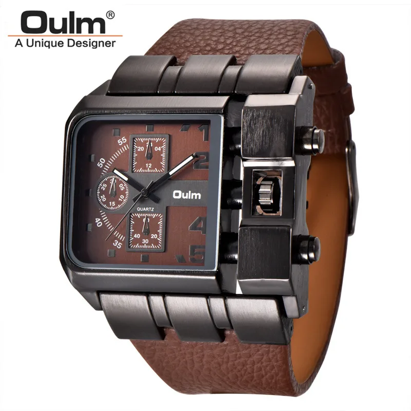 OULM 3364 брендовые оригинальные прямоугольные уникальный дизайн мужские наручные часы с широким циферблатом и кожаным ремешком кварцевые часы - Цвет: Коричневый