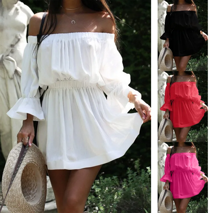 

JOYINPARTY 2018 Women Summer Dress Fashion Slash Neck Shoulder Off Backless Flare Sleeves Solid Color Sexy Dress for Female