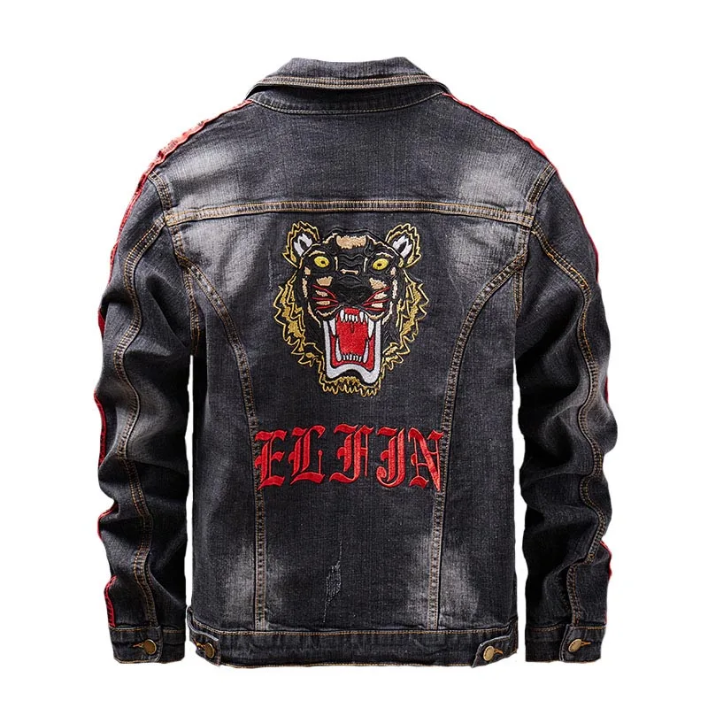 

Spring Autumn Classic Brand Men Denim Jacket Luxury Tiger head Embroidery Retro Black jacket fashion Casual Coats