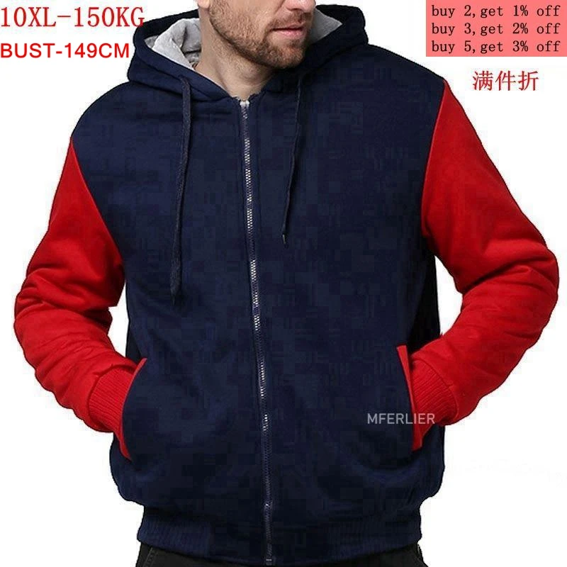 

Men's large size jacket 7XL 8XL 9XL 10XL autumn and winter long-sleeved hoodie zipper thickening fleece warm blue red color matc