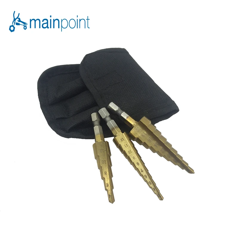 Mainpoint 3pcs Titanium Hss Stepped Down Drills Coated 1/4&quotMetric Imperial System Step Drill Bits Hex Shank Quick Release Tool |