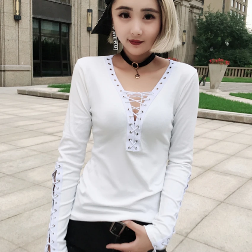 

Korean Fashion Sexy V-Neck Rivet Lace Up Tshirt 2019 New Autumn Summer Top Long Sleeve Clothes Shirt Camiseta Mujer Shirt T97120