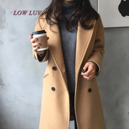 2017 New Spring Woolen Coat Trench Women Slim Double Breasted Black Winter Coats Long Outerwear for Women