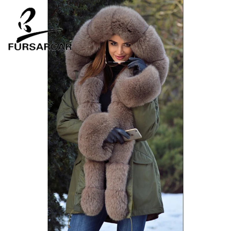 

FURSARCAR Natural Real Fur Parka Women With Thick Fox Fur Trim Hood And Cuff Luxury New Winter Female Fur Parka Fashion Style