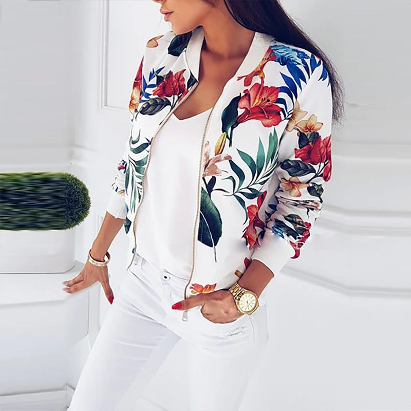 Meilleur UZZDSS femmes veste mode dames rétro fermeture éclair florale Up Bomber veste manteau décontracté automne printemps imprimer vêtements d extérieur femmes vêtements