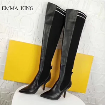 

New Patchwork Stretch Over the Knee Riding Boots Elegant Ladies Pointed Toe Stiletto High Heels Slip on Long Boots Shoes Woman