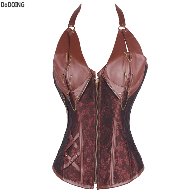 DoDOING Brown Vintage Sexy Corset Vest zipper Leather Gothic Waist Trainer Corsets And Bustiers Body Shaper Steampunk Clothing
