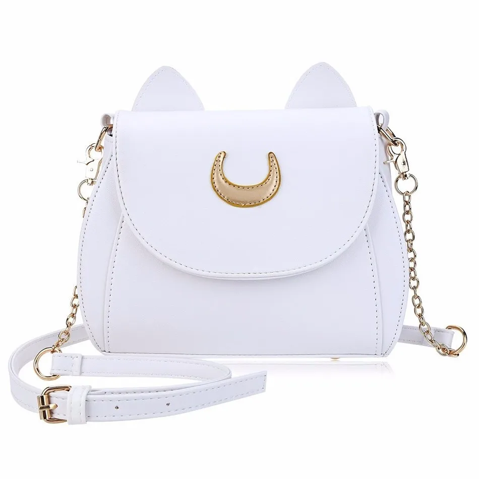 Vegan leather White Cat bag with moon design cat design crossbody bag female handbag with cat ear