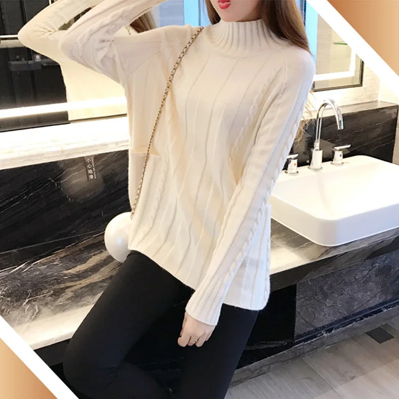 Image Autumn Winter Female New Sweet Women Knitted Half Turtleneck Mock Neck Twist Braid Solid Color Pocket Grace Comfy Sweater Coat