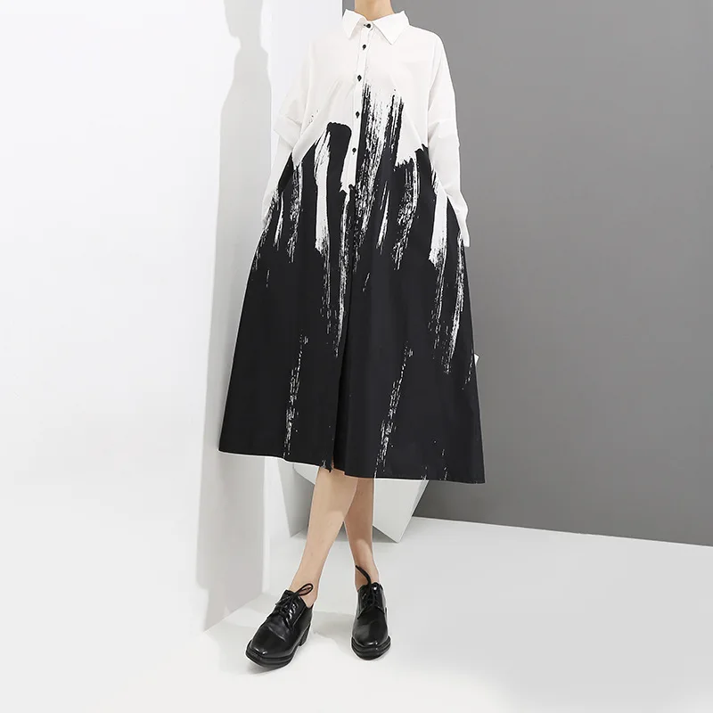  Johnature Women Clothing 2019 New Ink Print Long Loose Women Shirts Spring Summer Turn-down Collar 