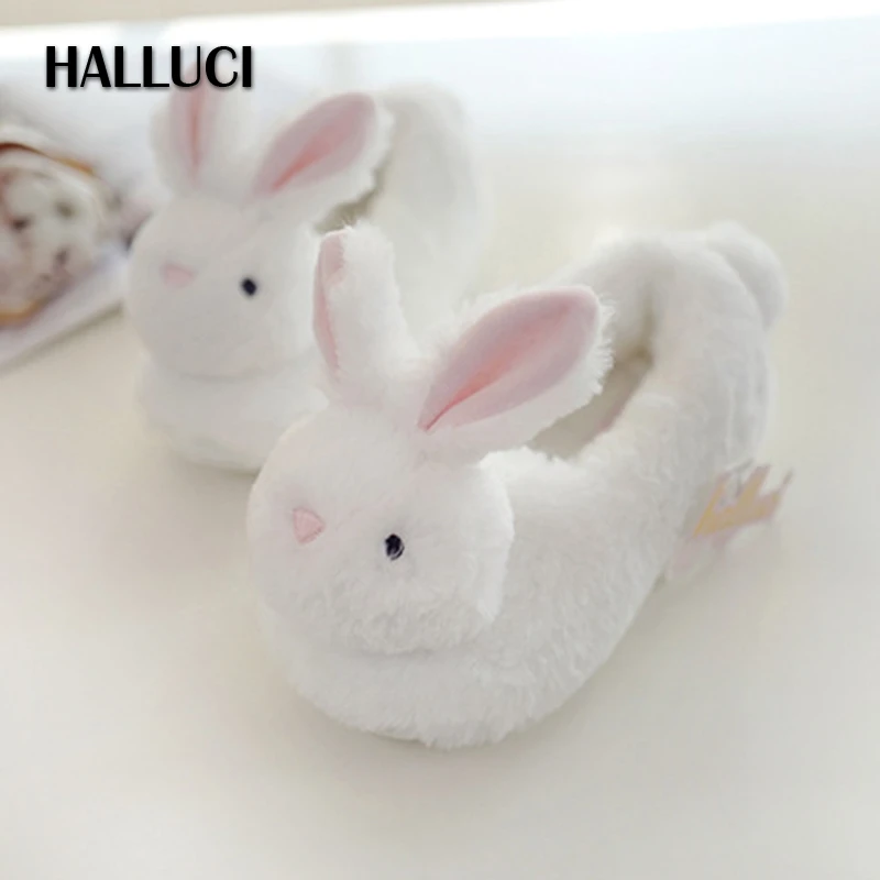 

HALLUCI Lamb Delicate rabbit flats shoes women home Slippers cute Plush indoor casual animal sapato feminino cotton shoes women