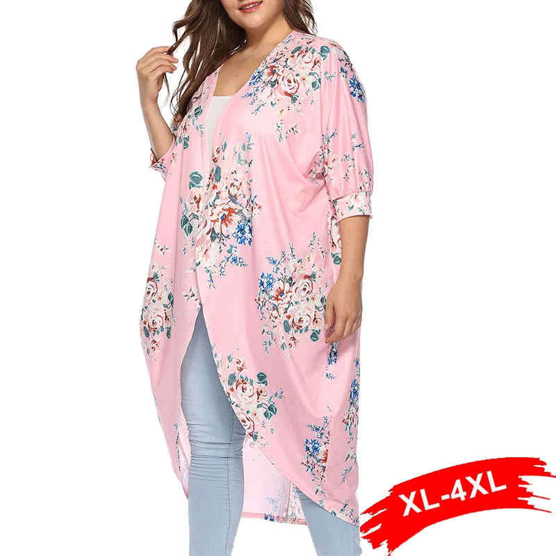 

Plus Size Multicolor Flower Print Scallop Trim Kimono 3XL 4XL Women Half Sleeve Cover Up Asymmetrical Vacation Long Blouse