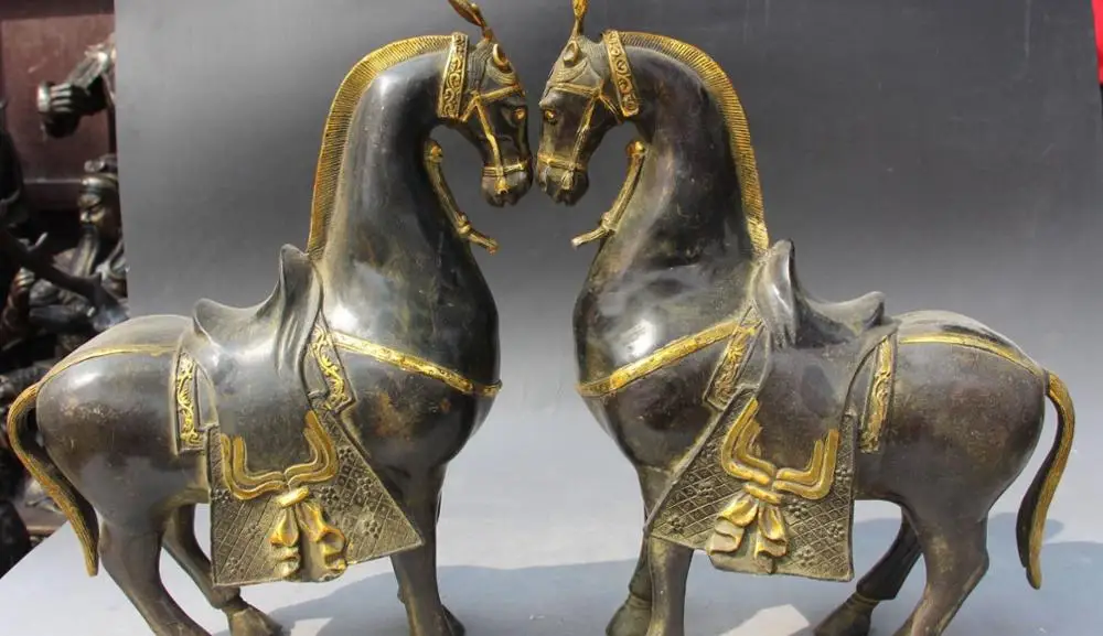 

32CM Chinese Bronze Gild Auspicious Zodiac Year Animal Tang Horse Horses Pair