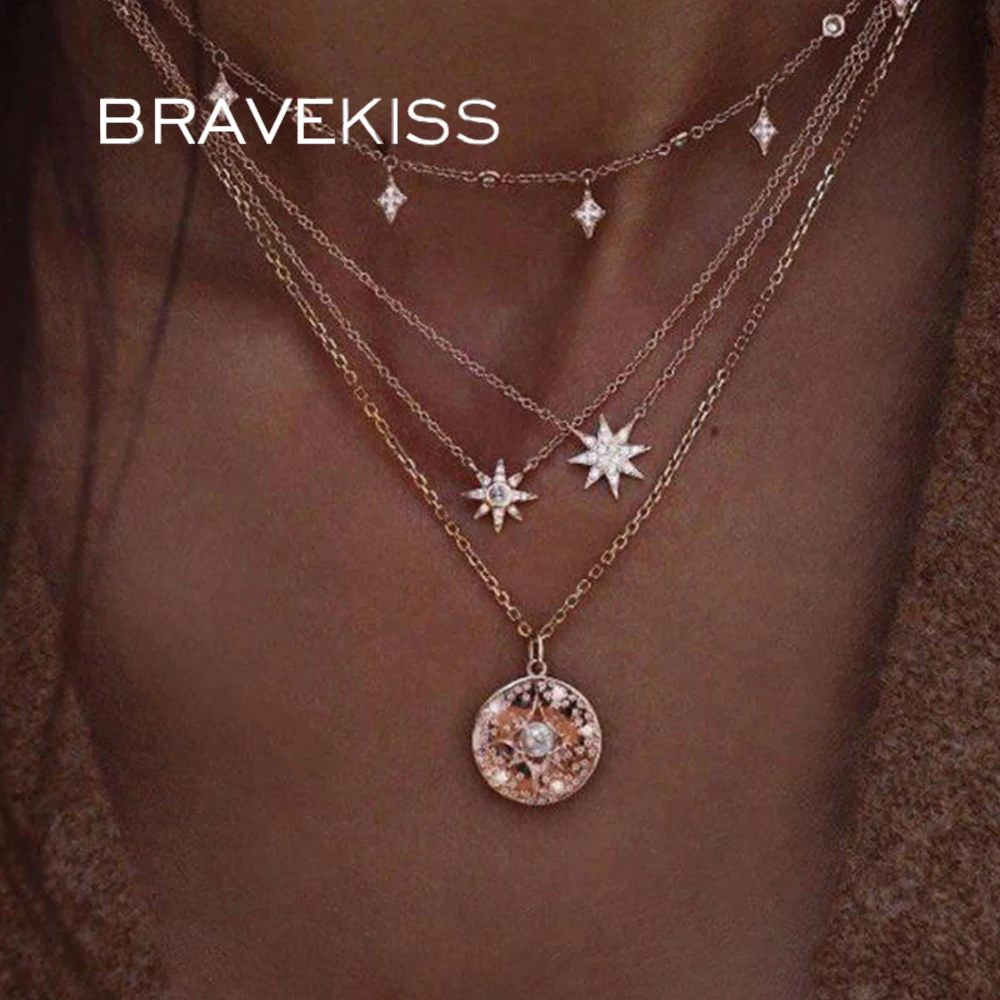 

BRAVEKISS Bohemia Star Pearl Pendant Necklace Metal Multi-layer Crystal Necklaces Trendy Jewelry for Woman 2019 Hot BPN1310