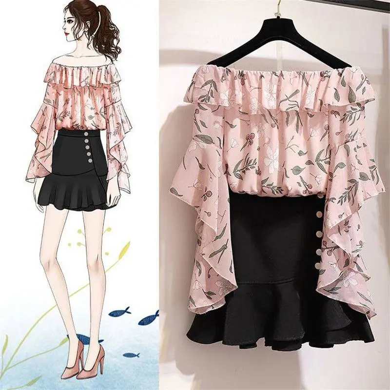

New 2019 Spring Autumn Women Sweet 2 Piece Girls Floral Print Blouse Tops And Mini Skirt Suits Female Fresh Chiffon Sets F10