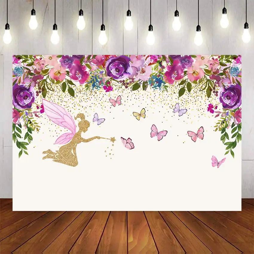 Arriere Plan De Photographie Rose Violet Fleurs Papillon Feerique Personnalise Banderole De Fete D Anniversaire Pour Filles Accessoire De Studio Photo Aliexpress