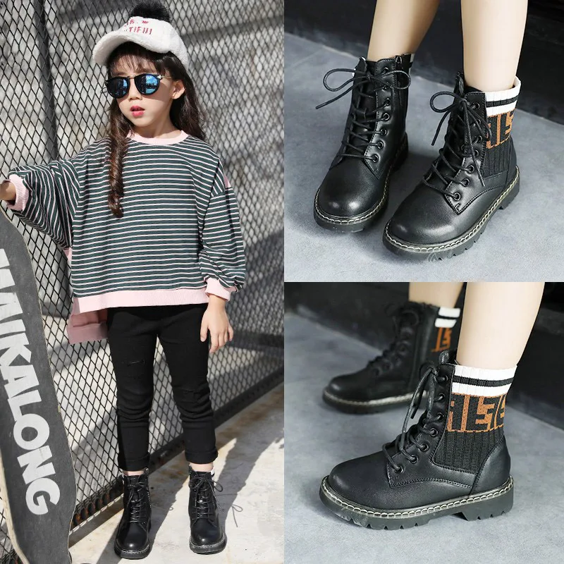 

Letters Printed Black Mid Calf Children Fashion Leather Boots Anti-slippery Rubber Bottom Boys Girls Boots Kids Shoes