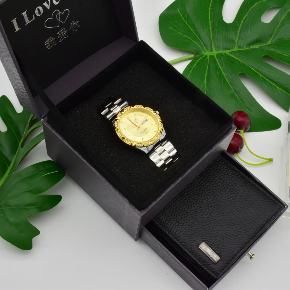 

Men Watches Stainless Steel Band Quartz Wrist Watch with Leather Wallet Gift Set for Boyfriend Birthday Valentine's Day Gifts