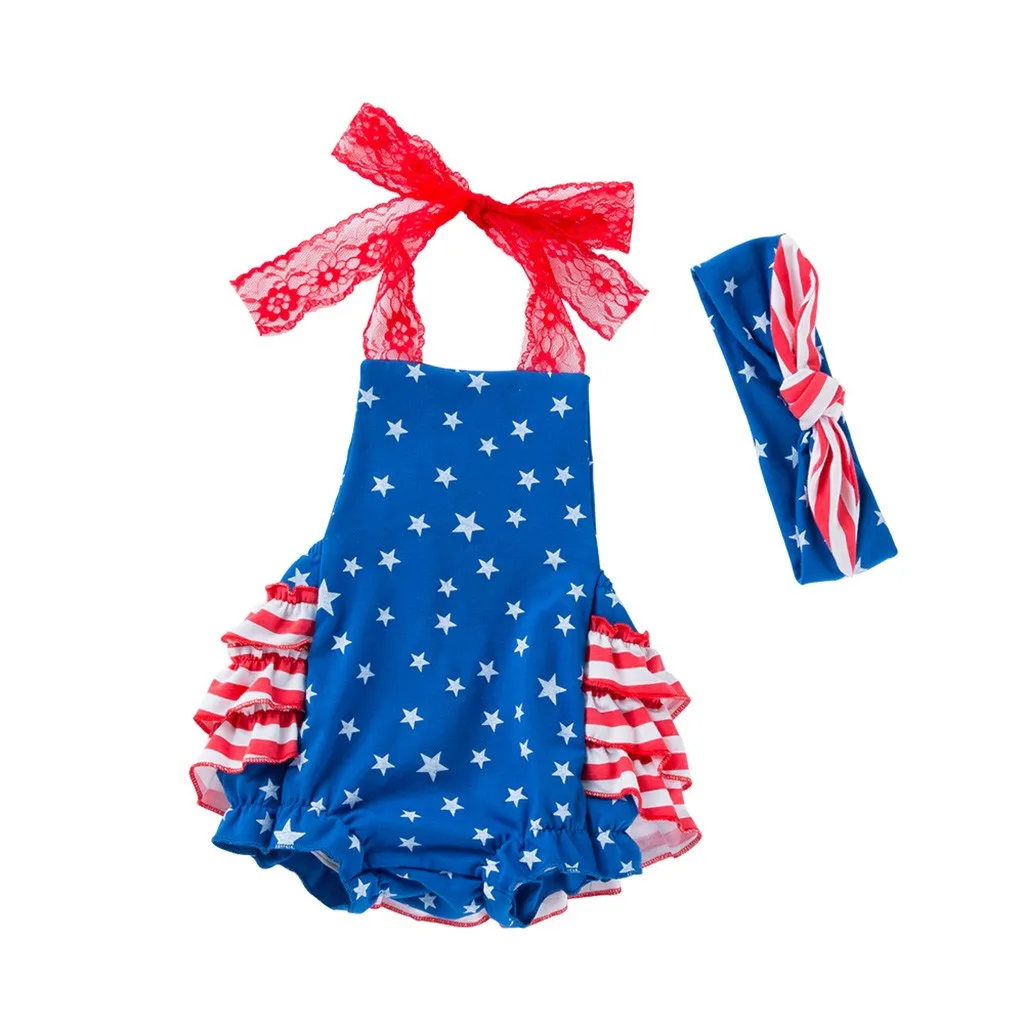 

vestido infantil Toddler Baby Girls 4th Of July Stars Print Jumpsuit Romper+Headbands Set Outfit ensemble fille baby clothes