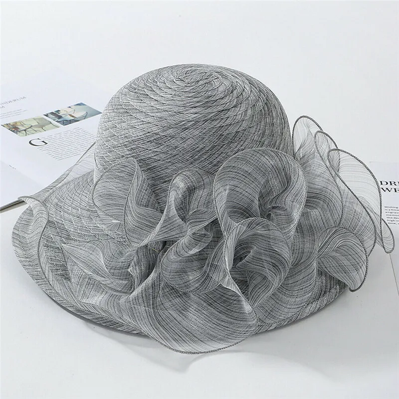 Women Wide Brim Sun Hats Vintage Ruffles Floral Organza Church Wedding Party cap Elegant Lady Fashion Beach Sunscreen Floppy hat