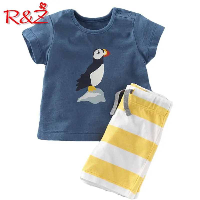 

R&Z 018 summer new boy suit cotton clothing cartoon penguin short sleeve striped shorts two-piece