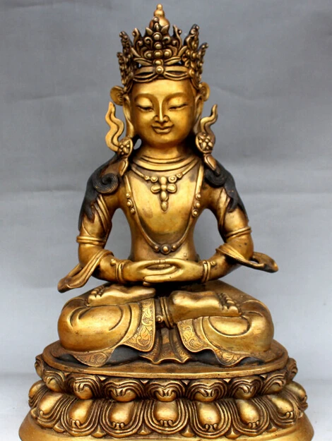 

JP S62 16" Old Tibet Buddhism Bronze 24K Gilt Amitayus longevity God Goddess Statue