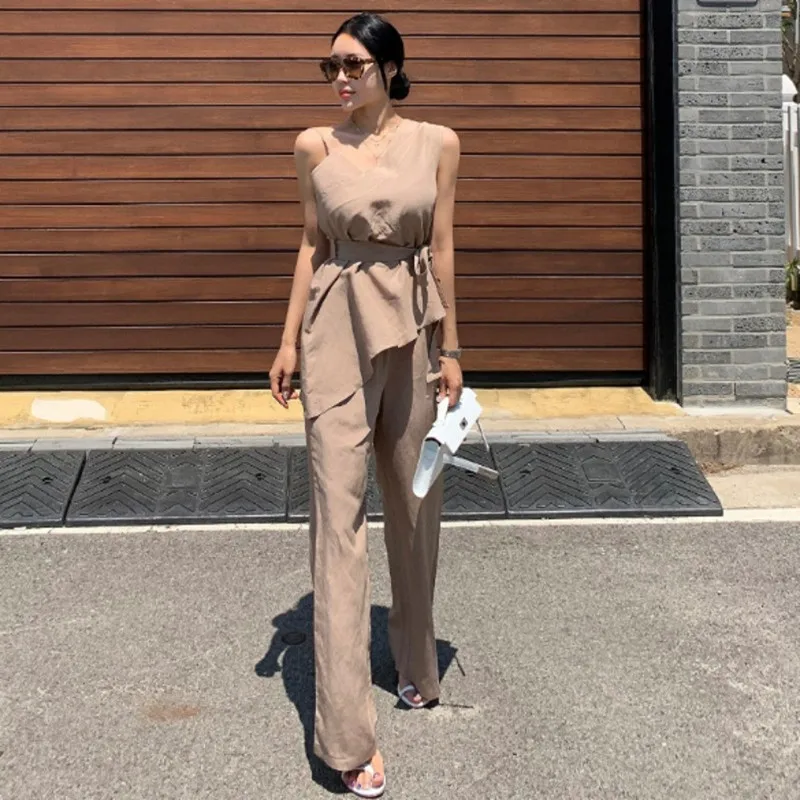 

High Quality Women Solid Irregular Sling Casual Two Piece Set Button Loose Sleeveless Slash Neck Top and Pants Suit