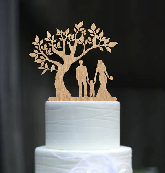 

Family Style Bride and Groom with a boy Silhouette Tree Wedding Engagement Cake Topper Rustic Wood free shipping