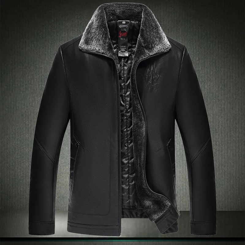 

Men Leather Fleece Jacket 2019 Winter Male Parkas Cotton Wadded Jacket Thick Warm Russian Windbreak Coat L-6XL 7XL Brown 8828