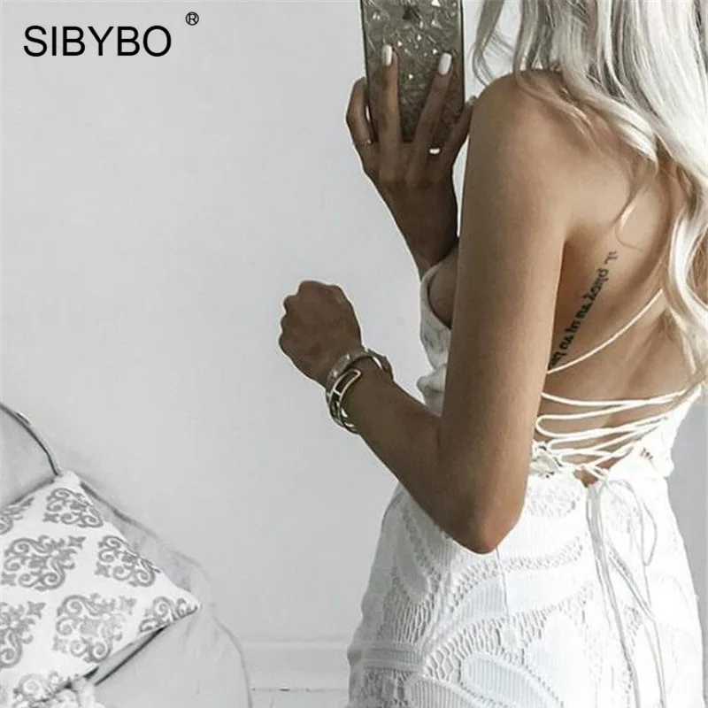 Sibybo, сексуальное Бандажное кружевное платье с открытой спиной, женское платье без рукавов с v-образным вырезом и кисточками на тонких бретелях, Vestidos, Элегантное Длинное Платье для вечеринок