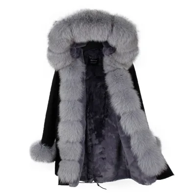 Серебряное пальто зимняя куртка пальто Женская парка воротник из натурального Лисьего меха с капюшоном шуба из натурального кролика Толстая теплая меховая подкладка парки