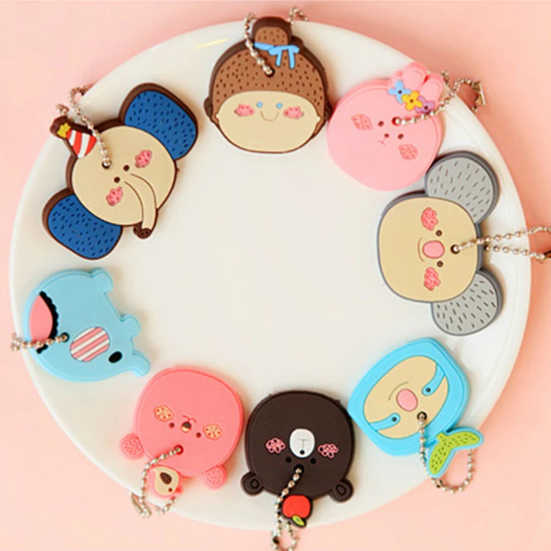 1pcs Key Cover Cap Cartoon Cute Pattern Silicone Kawaii Ring Key