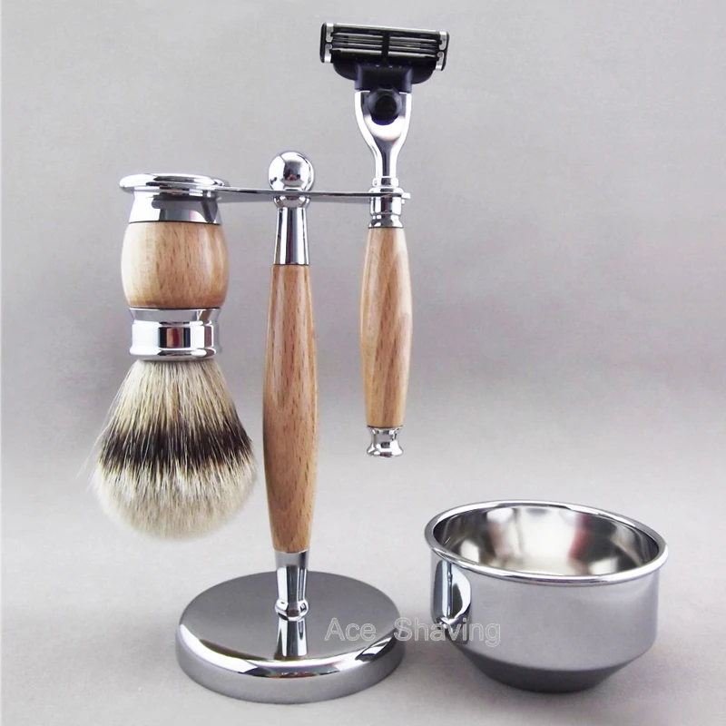 Набор для бритья из металла и дерева, набор для бритья с серебряным наконечником, щетка для волос барсука, бритвенный держатель, мыльница для бороды