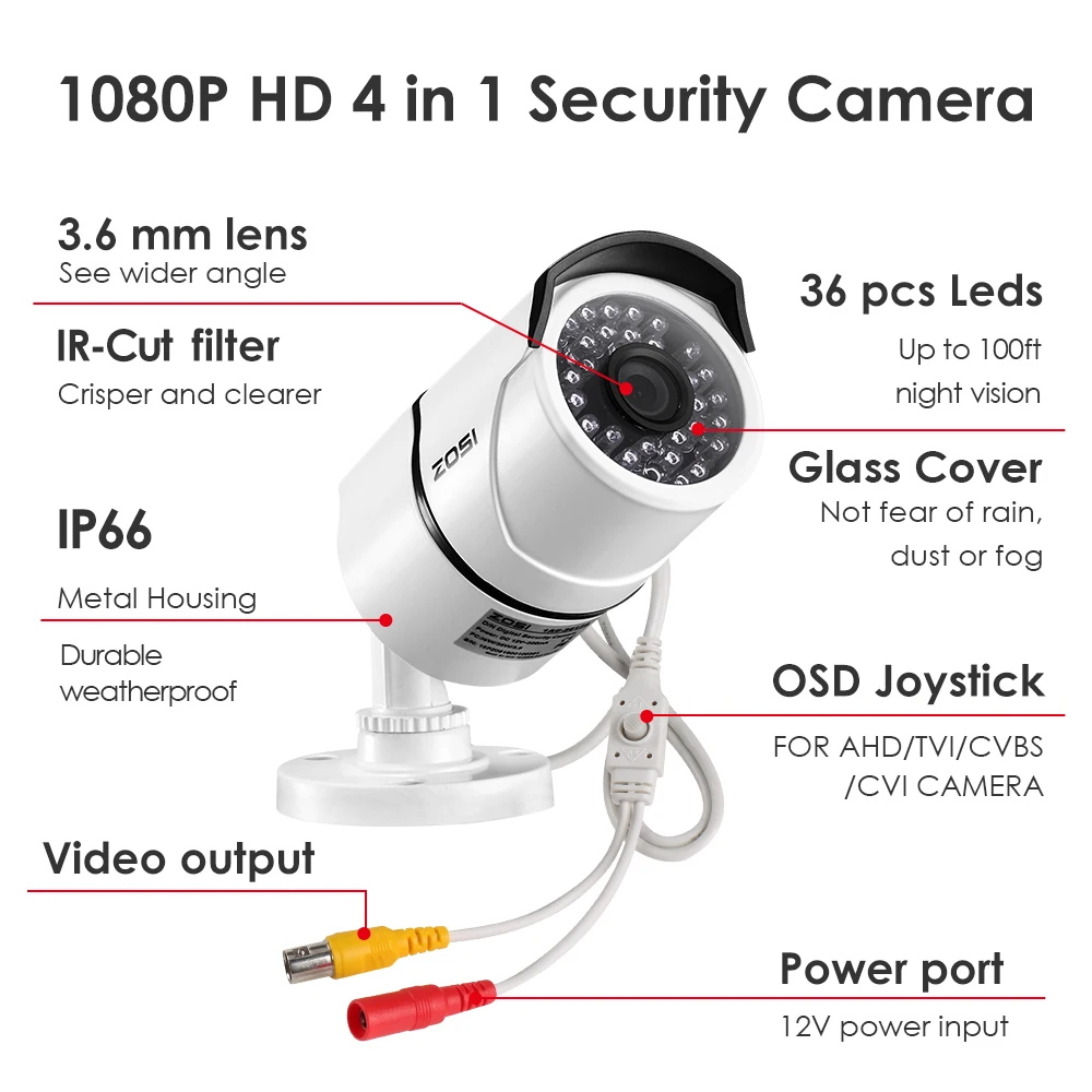 ZOSI 2,0 MP 1080P 4 в 1 TVI/CVI/AHD/CVBS Камера Безопасности s День Ночь Surveillanca камера 100 футов ИК расстояние, Алюминиевый металлический корпус