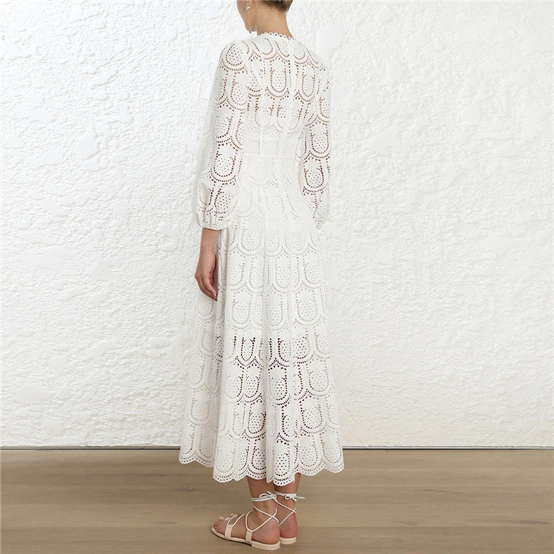 Femmes O Boho Manches Robe Cou Longue 2019 Broderie Out Dentelle Hollow Spring Vacances À Maxi Robes Travers Lanterne Voir xq80p