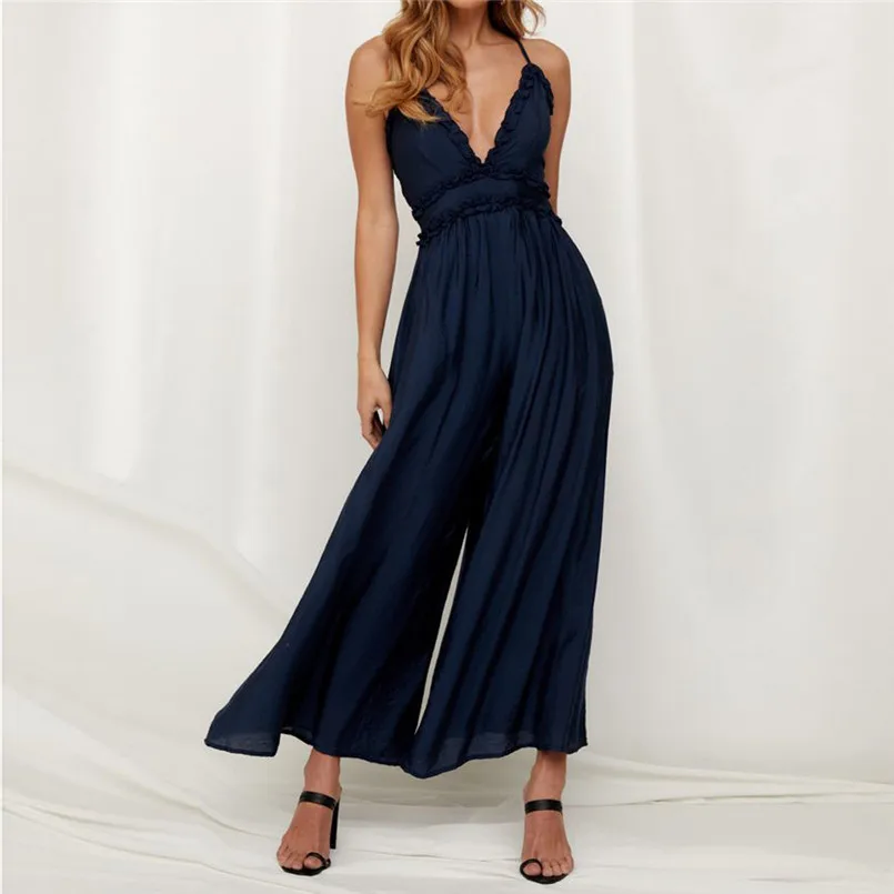 New Fashion Women Summer Sexy  Sleeveless V Neck Solid Ruffle Loose Sling Jumpsuit Elegant Lady Casual Bodysuits Playsuit #4R08 (3)
