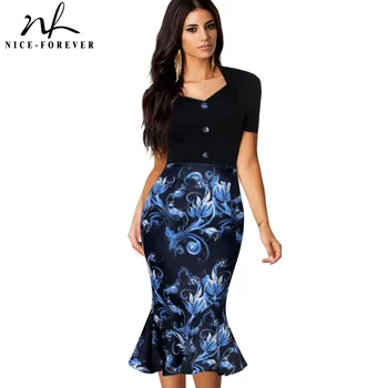 

Nice-forever Summer Floral Printed with Sweat-Heart Neck Dresses Bodycon Women Elegant Mermaid Dress B376