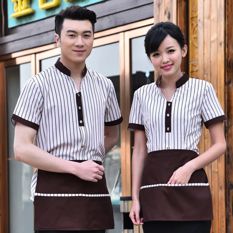 Hotel Coveralls Summer Staff Uniform Front Desk Catering Short Sleeve Jacket with Apron | Тематическая одежда и униформа