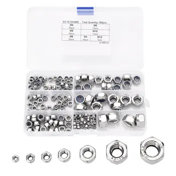 

165pcs Assortment Nylon Nut sets A2-70 Stainless Steel M3/ M4/M5/ M6/M8/M10/M12 nuts with a plastic organizer box